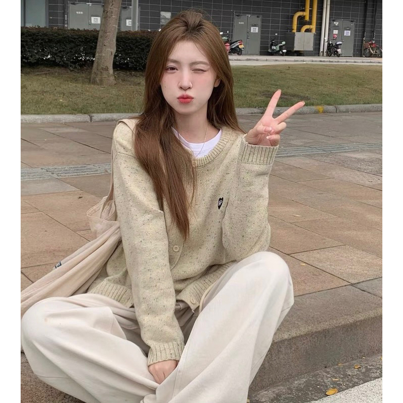 Áo len muối tiêu tay dài cổ tròn dáng rộng cài khuy vintage nhiều màu