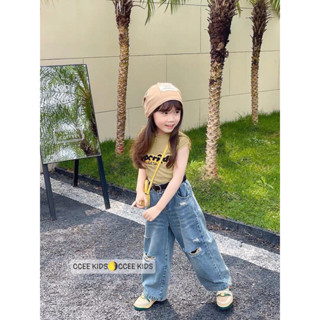 Sét quần jean MỀM dáng suông kèm áo thun tăm mềm mại cho bé gái