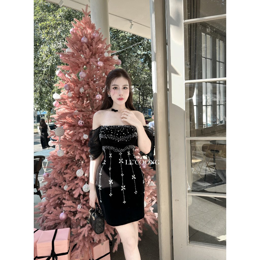 Đầm Đẹp Dáng Ngắn LECOONG V502 Váy Trễ Vai Nhung Đính Đá