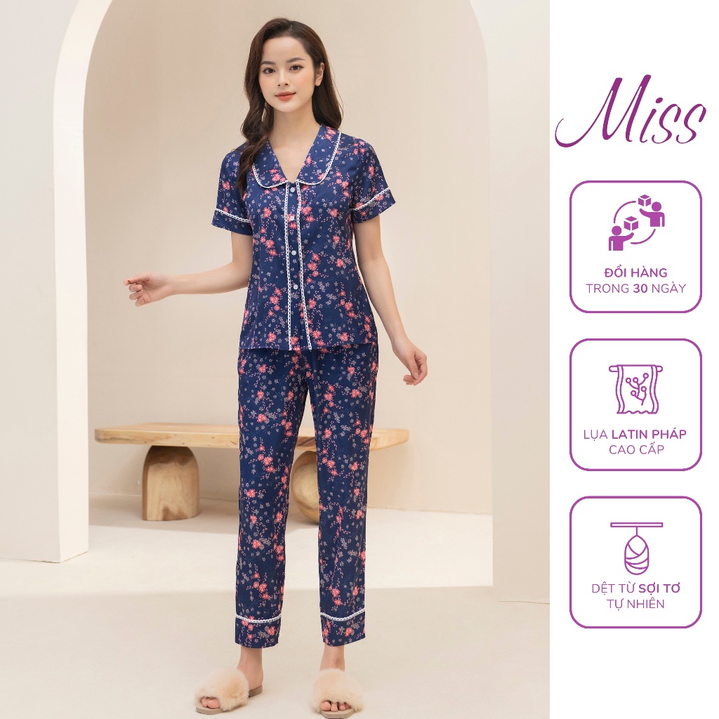 Bộ pijama đồ ngủ đồ mặc nhà nữ chất lụa Latin Pháp cao cấp kiểu Tay cộc quần dài Miss viền ren CD