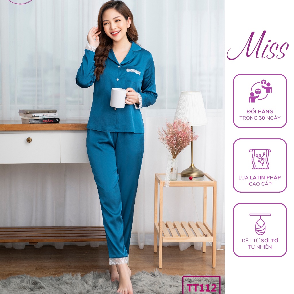 Đồ ngủ lụa dài tay cao cấp, Bộ mặc nhà lụa Latin Pháp cao cấp trơn phối ren sang trọng tinh tế - TT112 Dài Ren Xanh