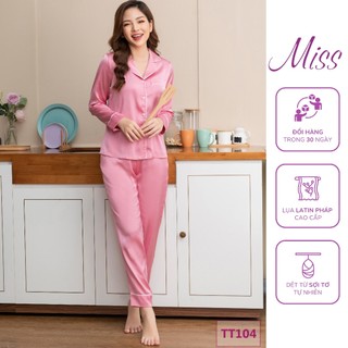Đồ ngủ lụa nữ, pijama dài tay , Bộ đồ ngủ lụa trơn Latin Pháp cao cấp - DÀI NÉ HỒNG - TT104