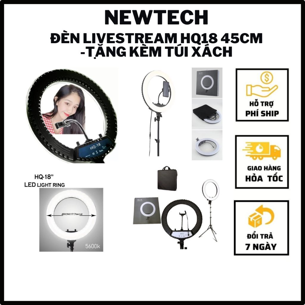 Đèn spa, phun xăm, 2 râu, 45cm HQ18 , nối mi, đèn livestream. Đã gồm chân 2m1, Tặng túi xách.