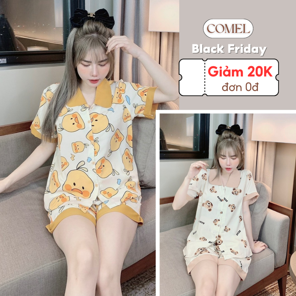 Bộ pijama lụa mango, bộ đồ ngủ nữ áo cổ sen quần đùi mặc nhà dễ thương Freesize 35-58kg- COMEL