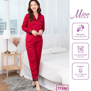 Đồ ngủ lụa cao cấp, bộ pijama mặc nhà lụa trơn latin pháp cao cấp phối ren sang trọng - dài ren đỏ- tt109