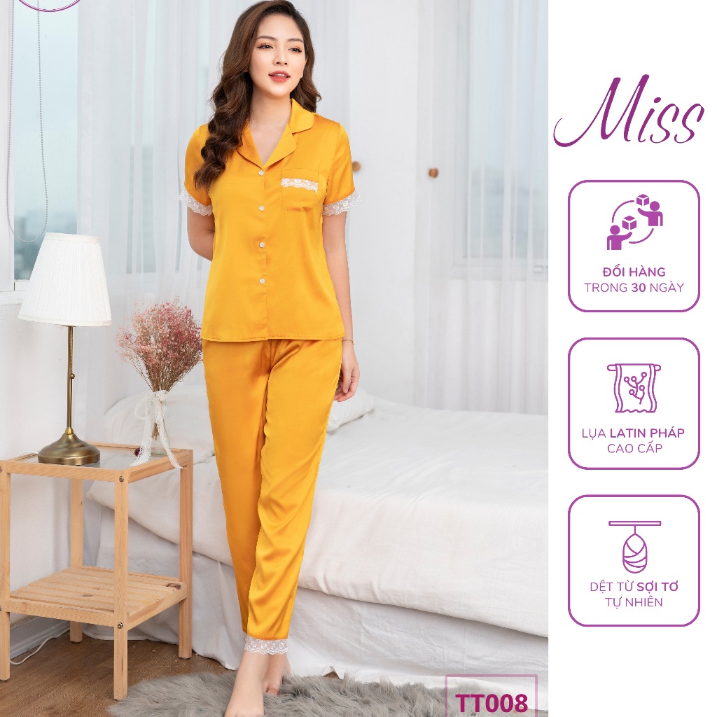 Bộ đồ ngủ lụa cao cấp, Bộ mặc nhà lụa trơn Latin Pháp thiết kế phối ren sang trọng tinh tế - TT008 - Cộc Ren Vàng