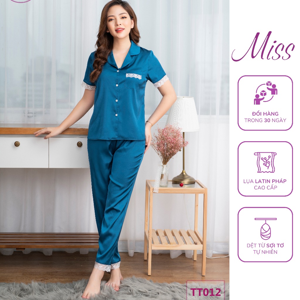 Bộ Đồ Ngủ lụa mặc nhà cao cấp, thiết kế lụa trơn phối ren sang trọng - TT012 - Cộc Ren Xanh