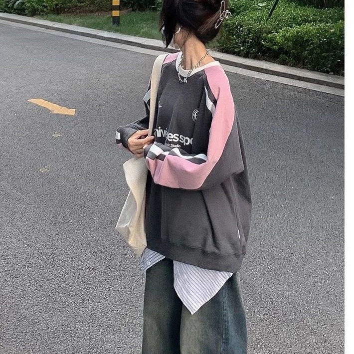 Áo nỉ phối sọc 2 màu xám hồng, áo sweater nỉ trần bông form rộng dày dặn, cá tính, dễ phối đồ T37
