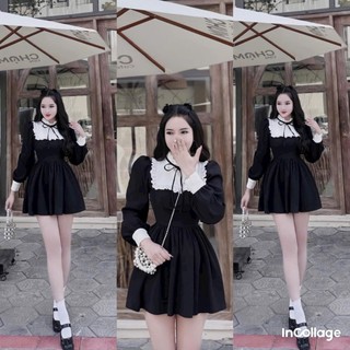 Đầm nhung tay dài phối cổ bèo cột nơ kiểu dáng xòe xinh xắn dễ thương