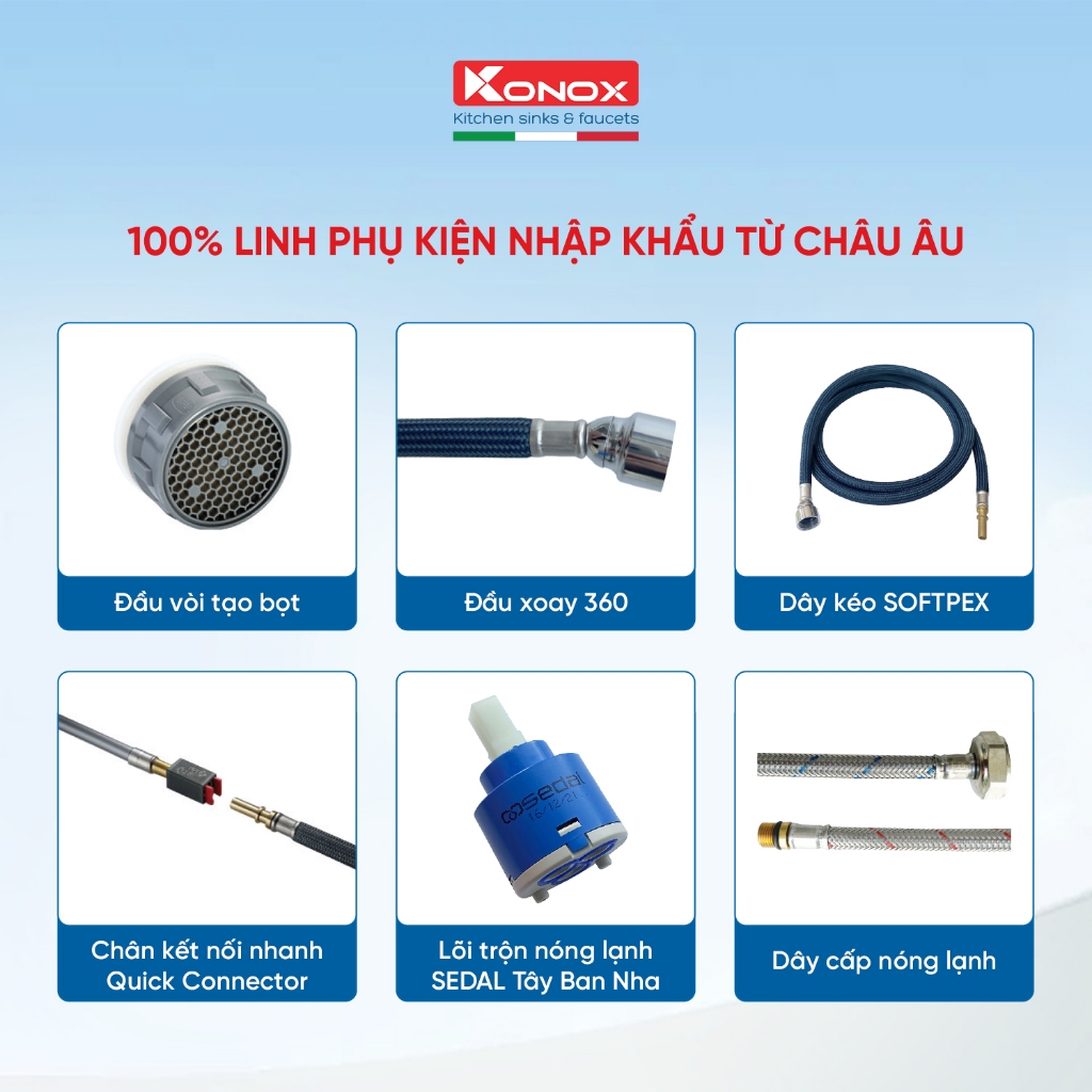 Vòi rửa bát rút dây KONOX Ponte Nickel, bề mặt xử lý mạ PVD Nickel 5 ớp, lõi hợp kim đồng 61% tiêu chuẩn Châu Âu CW617N