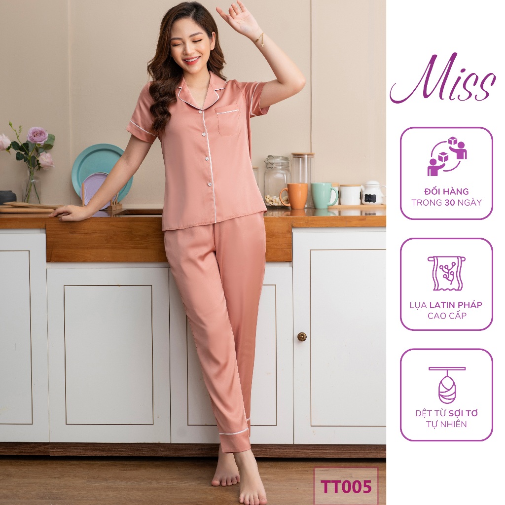 Bộ Đồ Ngủ Pijama cộc tay lụa Latin Pháp cao cấp, Thời trang mặc nhà thiết kế - TT005 - Cộc Né Tôm