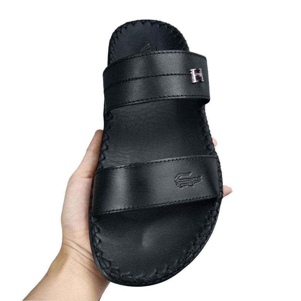 Dép nam quai ngang da bò thời trang cao cấp màu Đen đế cao 2,5cm D76