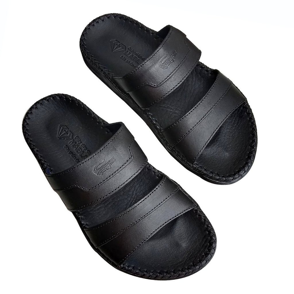 Dép nam quai ngang da bò thời trang cao cấp màu Đen đế cao 2,5cm D76