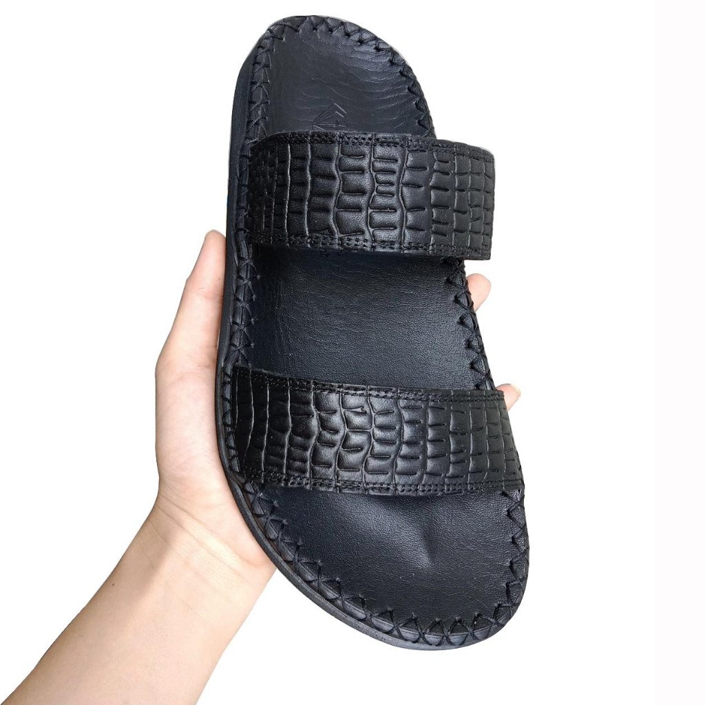 Dép nam quai ngang da bò thời trang cao cấp màu Đen đế cao 2,5cm D76