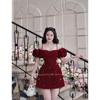 Đầm thiết kế nữ đi tiệc chất nhưng cứng trể vai tay bồng đính cườm, đầm tiểu thư nữ ngắn chữ A dể thương