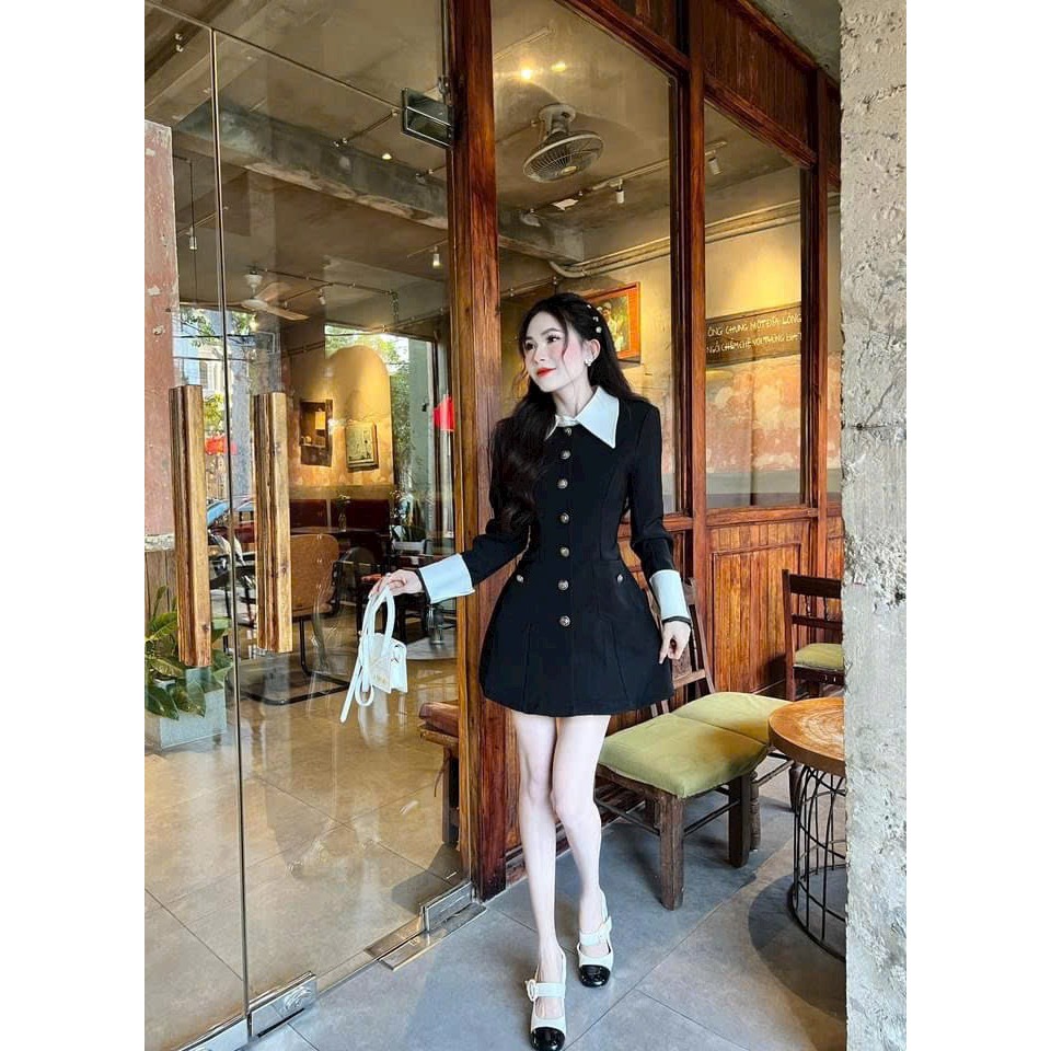 Set áo nhung đen phối cổ sơ mi trắng tay phối lai form dài sang trọng cho các nàng
