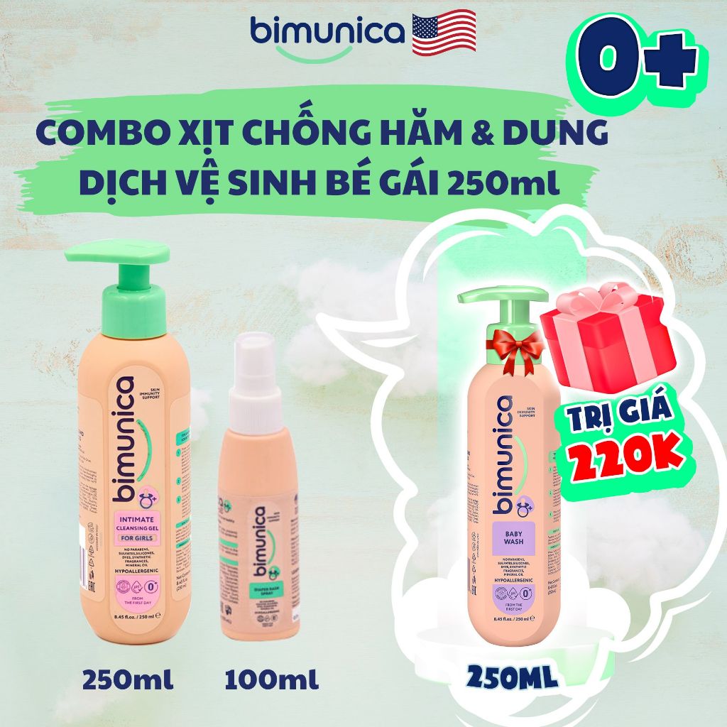 Gel Dung Dịch Vệ Sinh Xịt Hăm Cao Cấp BIMUNICA Cho Bé Gái Từ Sơ Sinh Dịu Nhẹ Khử Mùi