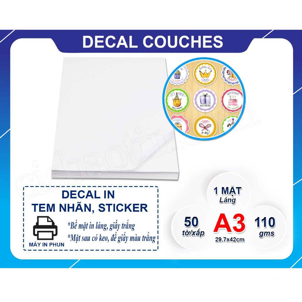 DECAL GIẤY COUCHE (IN MỰC DẦU VÀ LASER) KHỔ A3/XẤP 50 TỜ