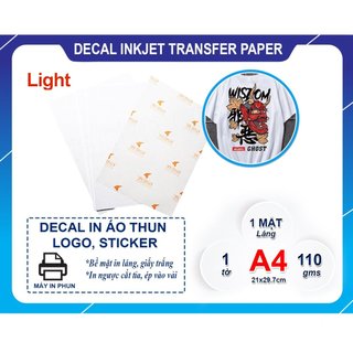 DECAL ÉP ÁO SÁNG MÀU SỬ DỤNG MỰC IN PHUN PIGMENT( xấp 10 tờ KHỔ A4)
