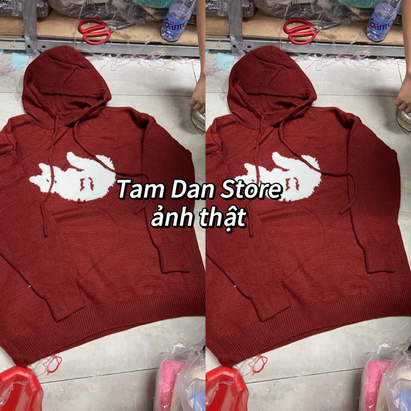 Áo len hoodie mũ hình con mèo màu đỏ trầm hợp Noel Tết tôn da dài tay dáng rộng chùm mông tay bo gấu ulzzang