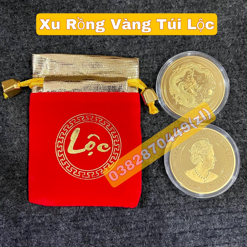 Đồng Xu Con Rồng Úc Mạ Vàng Tặng Kèm Túi Gấm Nhung Lì Xì Tết 2024
