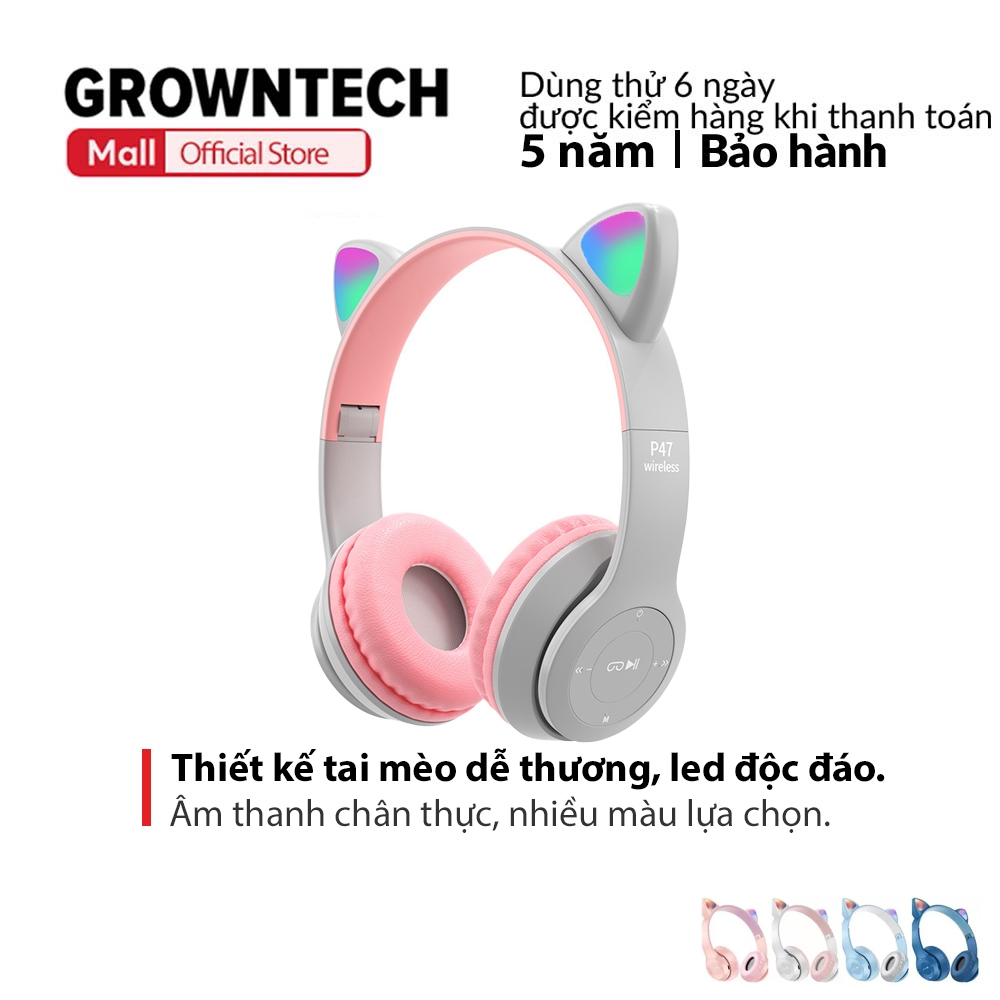 Tai nghe không dây bluetooth chụp tai gaming chống ồn P47M, tai nghe mèo đèn led, nghe nhạc cực hay bảo hành 5 năm