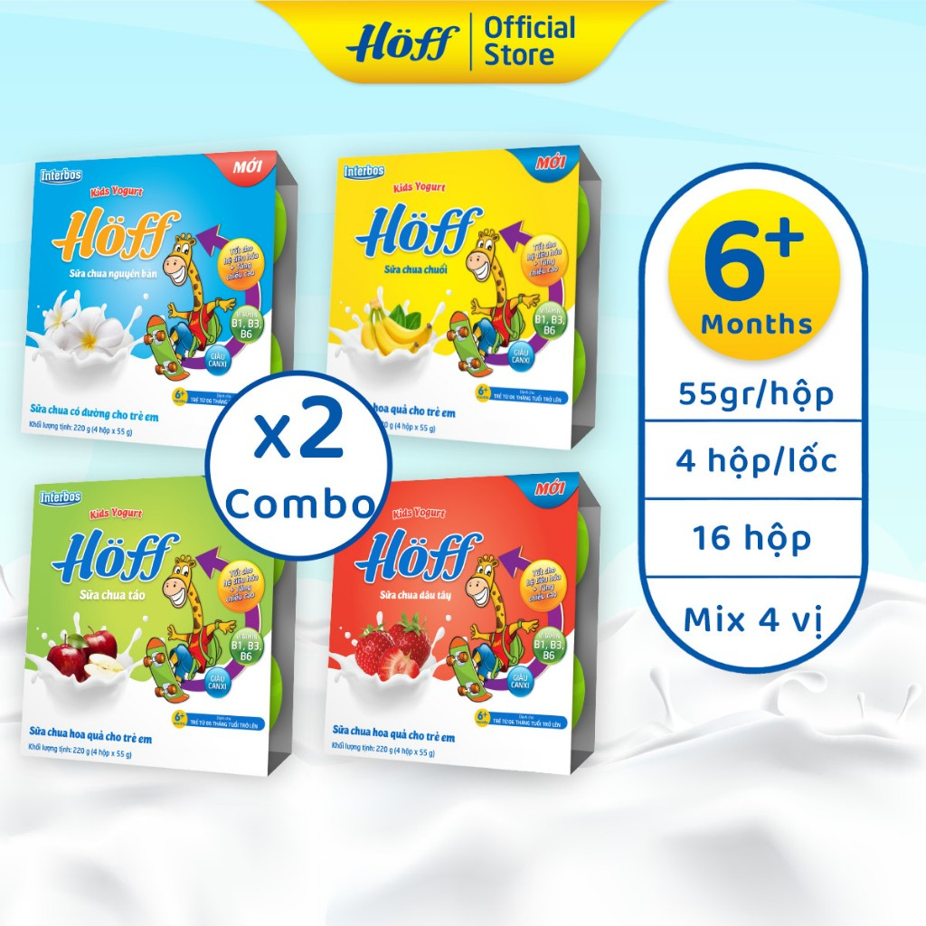 2 Combo sữa chua ăn mix vị Hoff dành cho bé cải thiện hệ tiêu hóa bổ sung lợi khuẩn 8 LỐC (16 hộp x 55g)