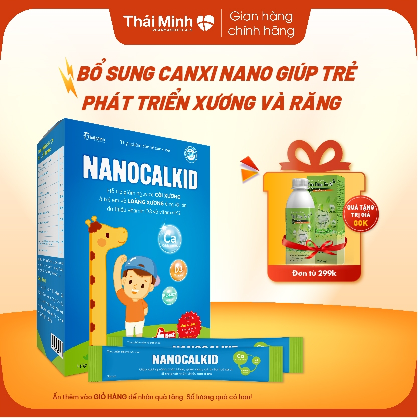 Canxi cho bé - Nanocalkid Thái Minh Bổ Sung Calci, vitamin d3 d2 hỗ trợ tăng chiều cao, phát triển xương và răng. 20 gói