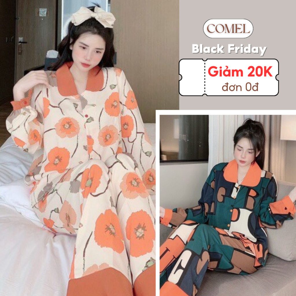 Đồ bộ ngủ lụa mango pijama nữ áo cổ sen tay dài mặc nhà dễ thương - COMEL