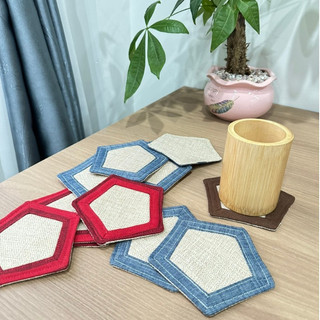 Miếng lót ly hình ngũ giác bằng vải ghép chống thấm nước cực tốt /đế vải lót ly handmade/lót ly vải linen