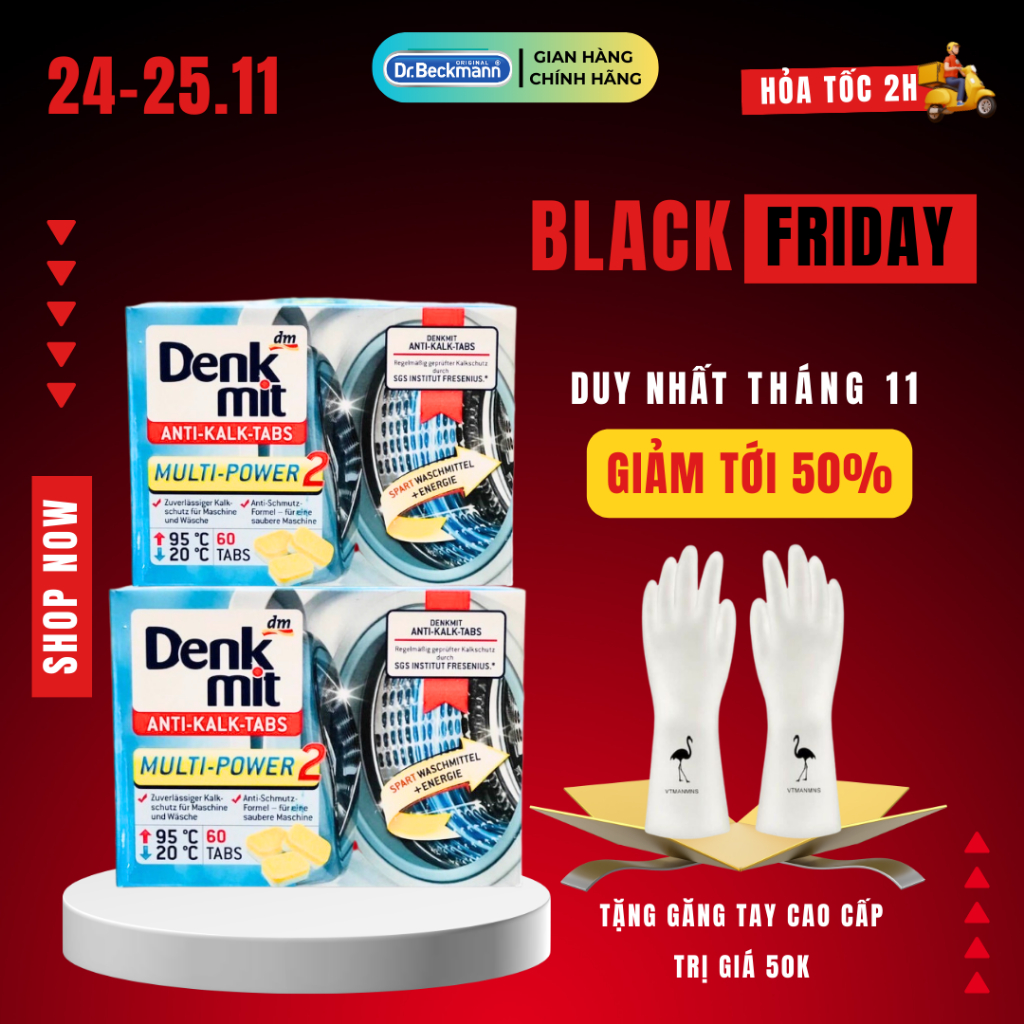 Viên tẩy lồng máy giặt Denkmit Hộp 60 viên nhập khẩu Đức loại bỏ mùi hôi cặn bẩn lâu ngày - có bán lẻ viên