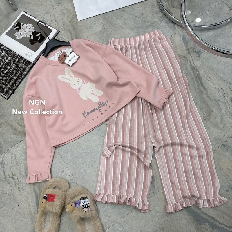 Sét áo nỉ tho Bunny + quần kẻ sọc hồng gấu bèo cute