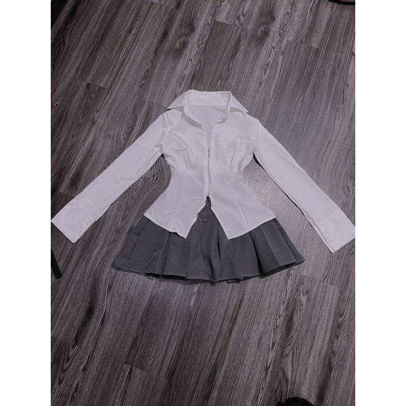 Set Bộ Áo Sơ Mi Tay Dài Khoá Kéo Xẻ Giữa + Chân Váy Xếp Ly To Tuyết Mưa Có Lót Quần