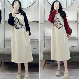 Bingshopvn Đầm suông nữ dài tay cổ tròn túi eo vải nỉ da cá in hoạt hình