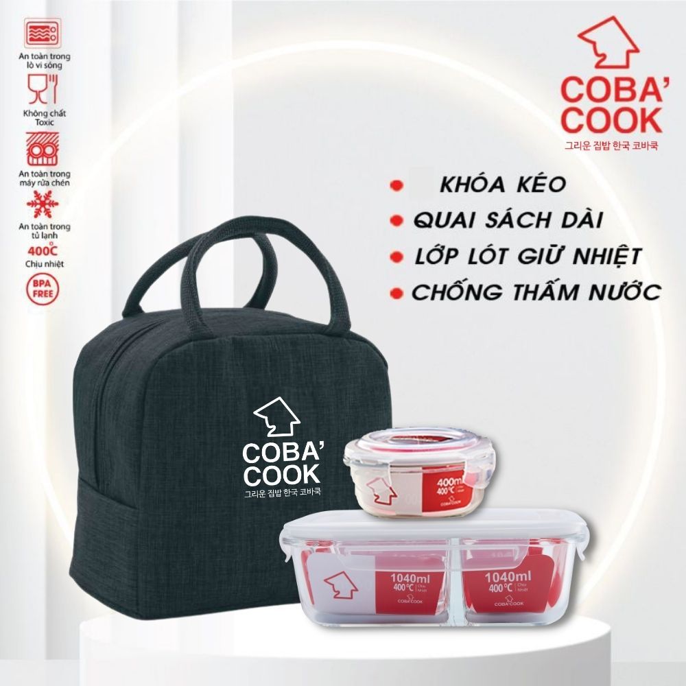 Bộ Hộp Cơm Chia 3 Ngăn 1040ml Và Hộp Tròn 400ml Hộp Thủy Tinh Chịu Nhiệt Kèm Túi Giữ Nhiệt COBACOOK- CCL1NR42BB