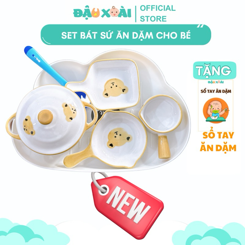 COMBO Set bát sứ ăn dặm cho bé kèm khay mây và thìa báo nóng Đậu Xoài Shop