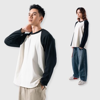 Flexible raglan Cream Black | MEMS Áo thun cotton nam nữ tay dài trơn cổ tròn áo phối màu