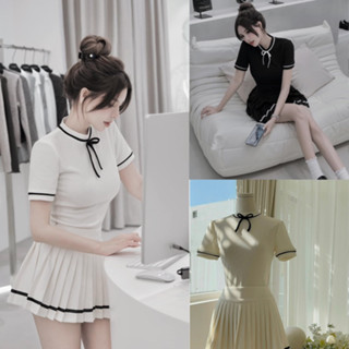 Set Áo Váy Len Tăm Cổ Tròn Đính Nơ Tay Dài Xinh Xắn Phối Chân Váy Xếp Ly Siêu Nữ Tính , Set Bộ Đồ Nữ Cộc Tay , Tay Ngắn