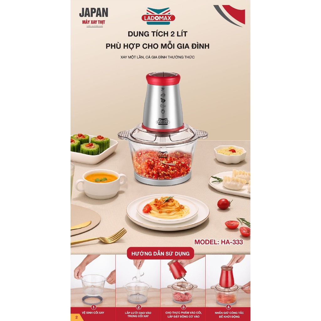 Máy xay thịt cối thủy tinh 2.0L Ladomax Ha-333INOX, 400W, thân máy inox BẢO HÀNH 1 NĂM