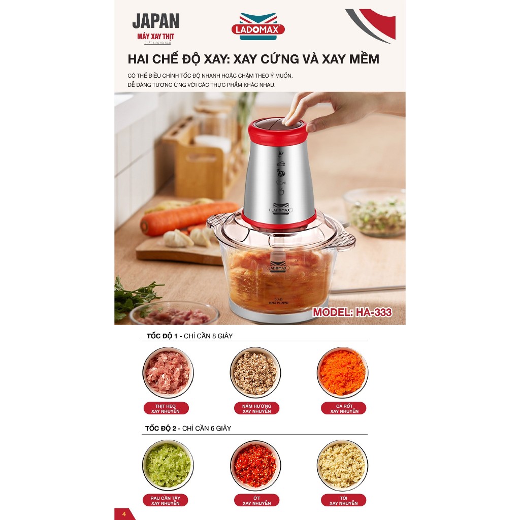 Máy xay thịt cối thủy tinh 2.0L Ladomax Ha-333INOX, 400W, thân máy inox BẢO HÀNH 1 NĂM