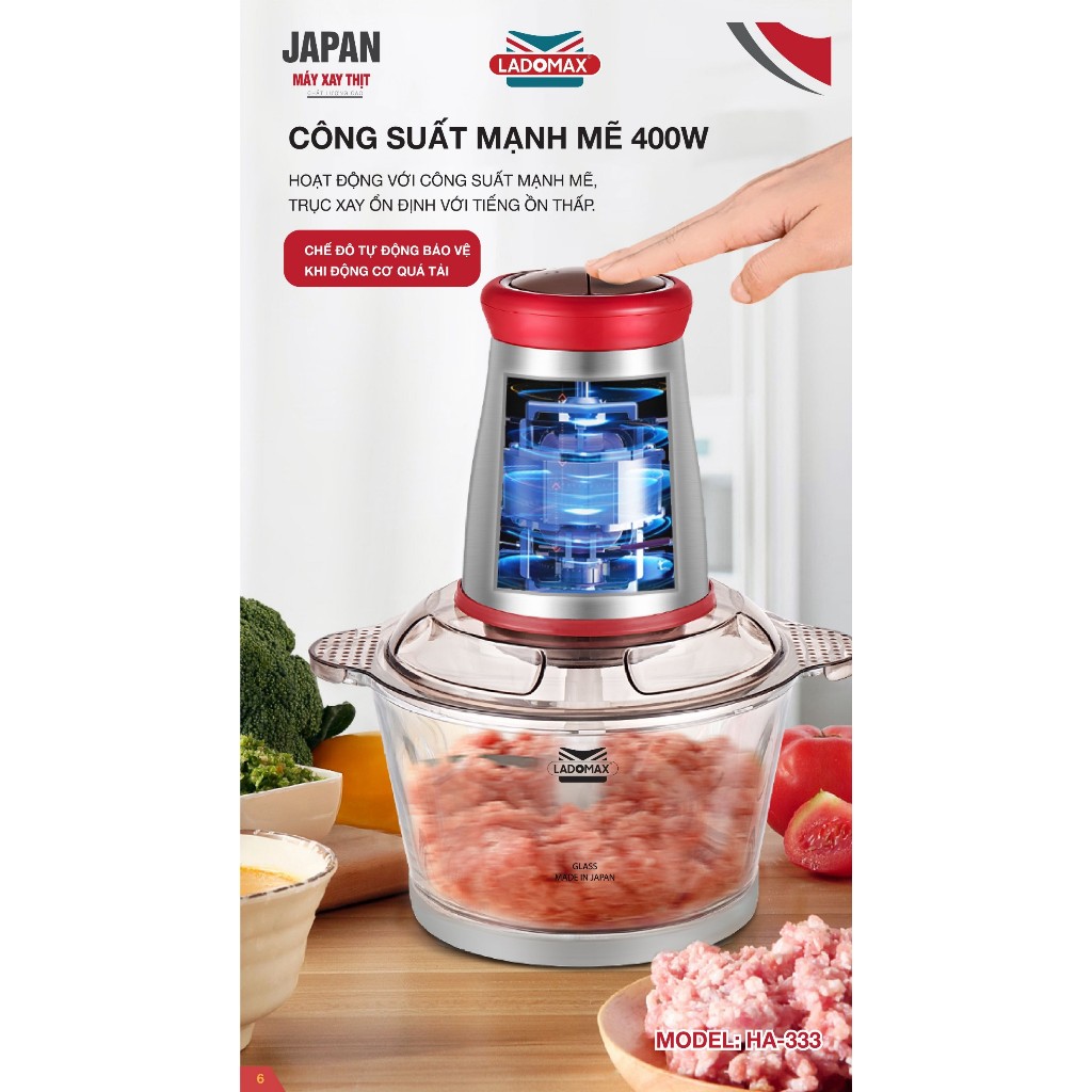 Máy xay thịt cối thủy tinh 2.0L Ladomax Ha-333INOX, 400W, thân máy inox BẢO HÀNH 1 NĂM