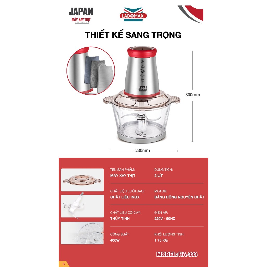 Máy xay thịt cối thủy tinh 2.0L Ladomax Ha-333INOX, 400W, thân máy inox BẢO HÀNH 1 NĂM