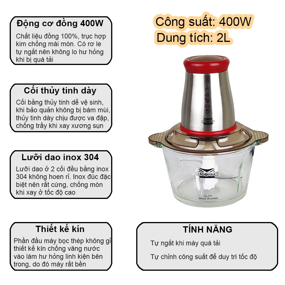 Máy xay thịt cối thủy tinh 2.0L Ladomax Ha-333INOX, 400W, thân máy inox BẢO HÀNH 1 NĂM
