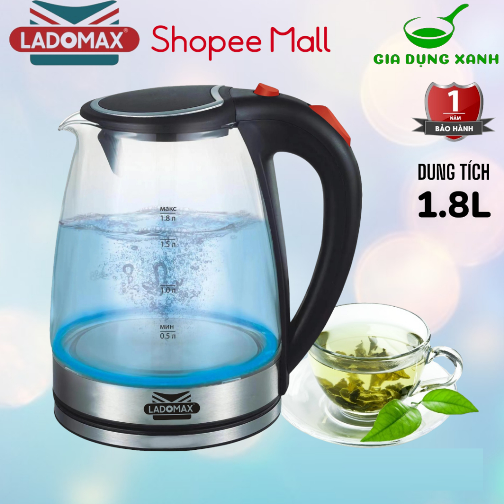 Ấm siêu tốc THỦY TINH Ladomax HA-880 DUNG TÍCH 1.8L (thương hiệu ấm siêu tốc cao cấp nhật bản, sx tại TQ - Bh 1 năm)