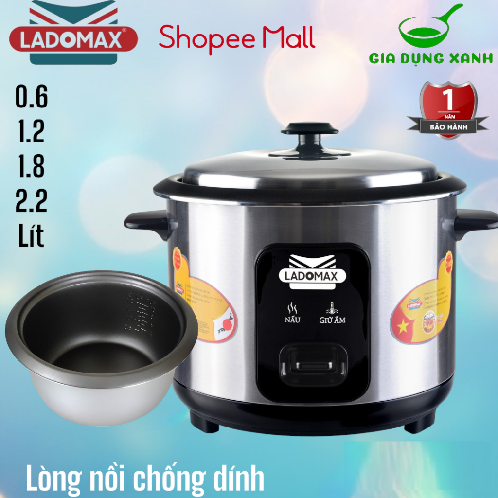 Nồi cơm điện LADOMAX nắp rời, chống dính 0.6L, 1.2L , 1.8L, 2.2L HÀNG CHÍNH HÃNG, BẢO HÀNH 1 NĂM, GIAO MÀU NGẪU NHIÊN