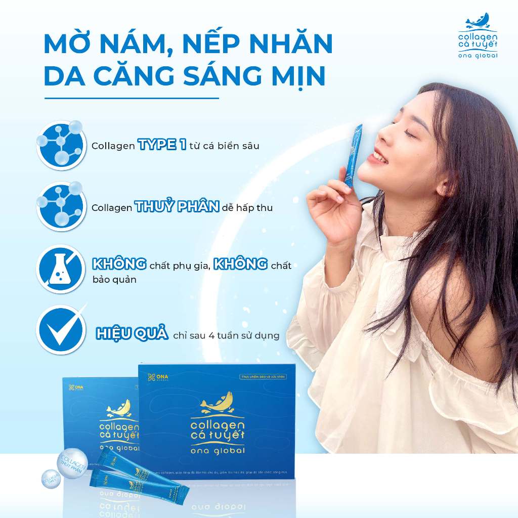 Collagen Cá Tuyết Cỏ Cây Hoa Lá, Collagen thủy phân tuyp I làm đẹp da,săn chắc,căng bóng ngậm nước ẩm mượt 30 gói