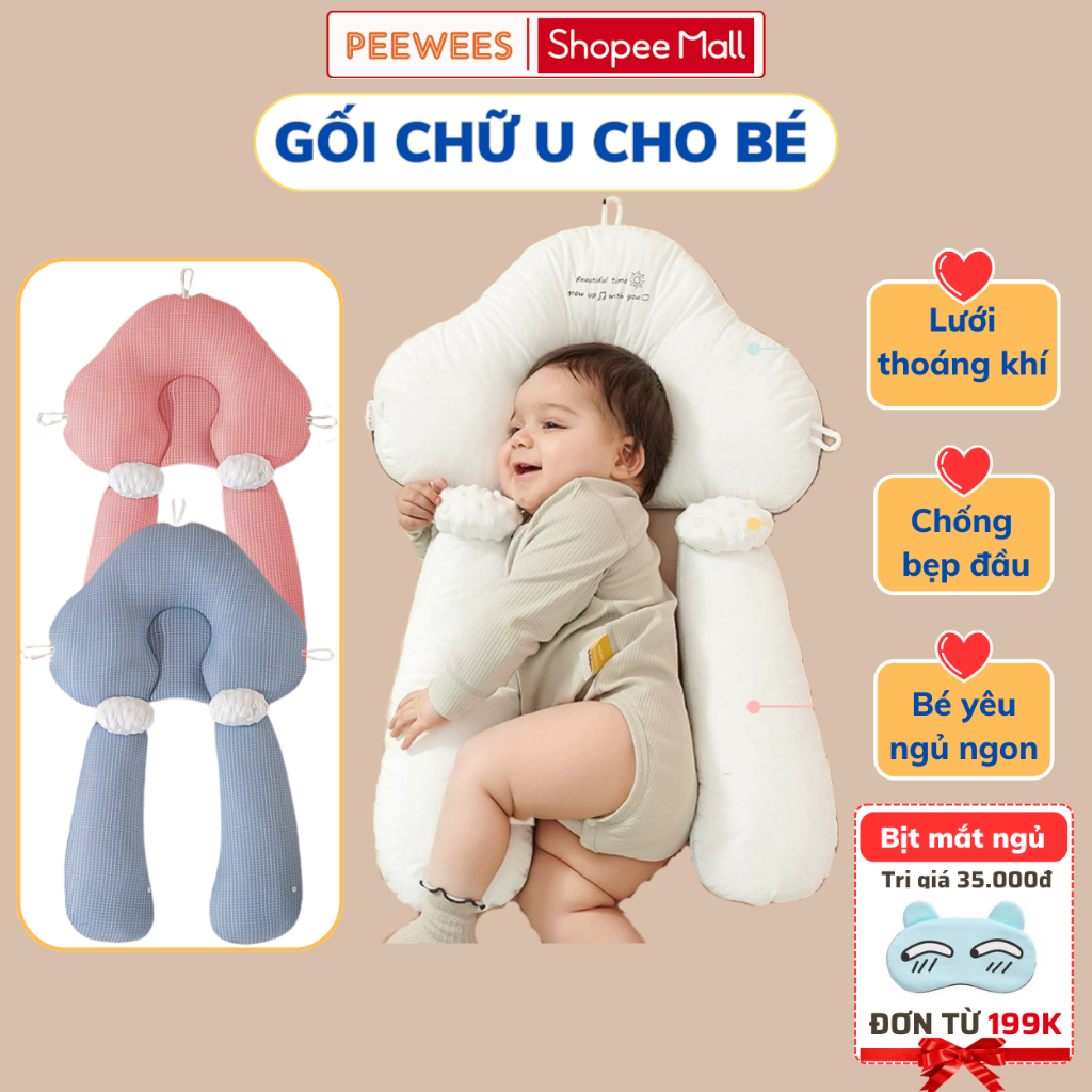 Gối chữ U cho bé sơ sinh PeeWees, chống giật mình chống méo đầu, có dây rút điều chỉnh 3 đầu giúp bé sơ sinh ngủ ngon
