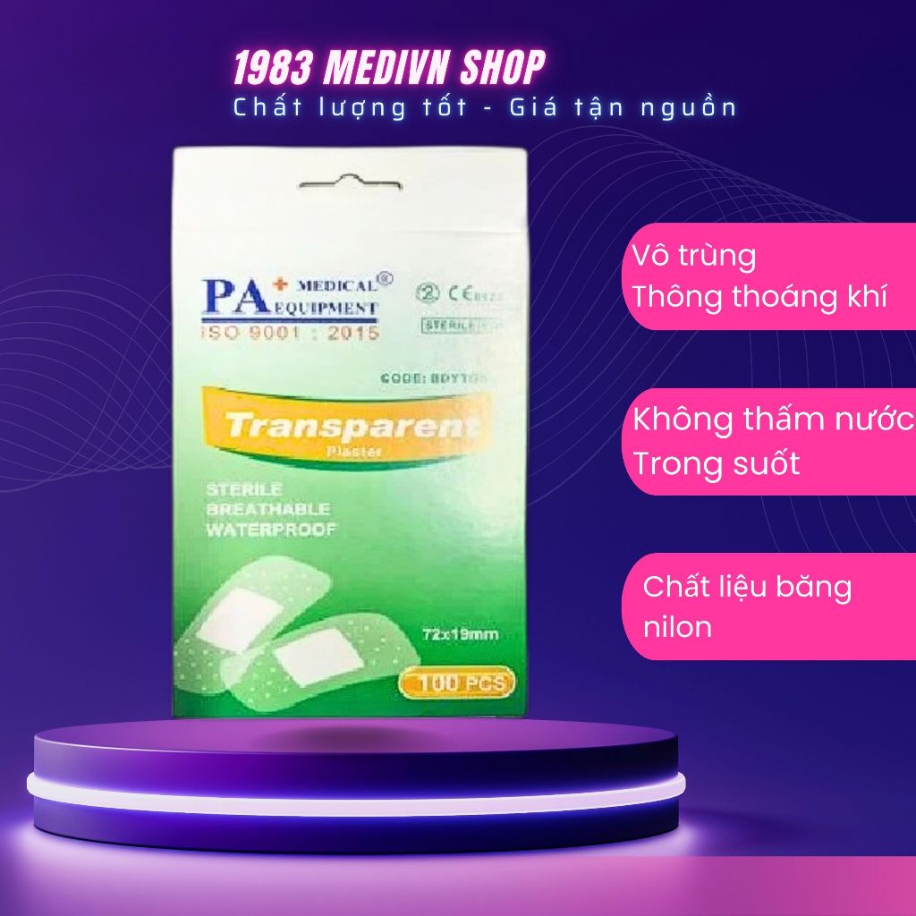 Băng cá nhân trong suốt PA hộp 100 miếng Băng dính y tế cao cấp