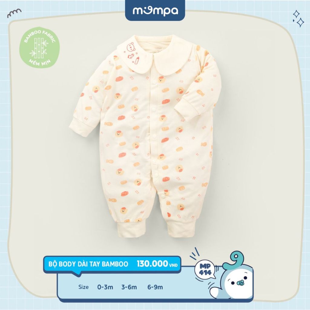 Bodysuit sơ sinh cho bé Mompa 0-9 tháng dài tay cúc giữa vải sợi tre bamboo mềm mại co giãn MP 414