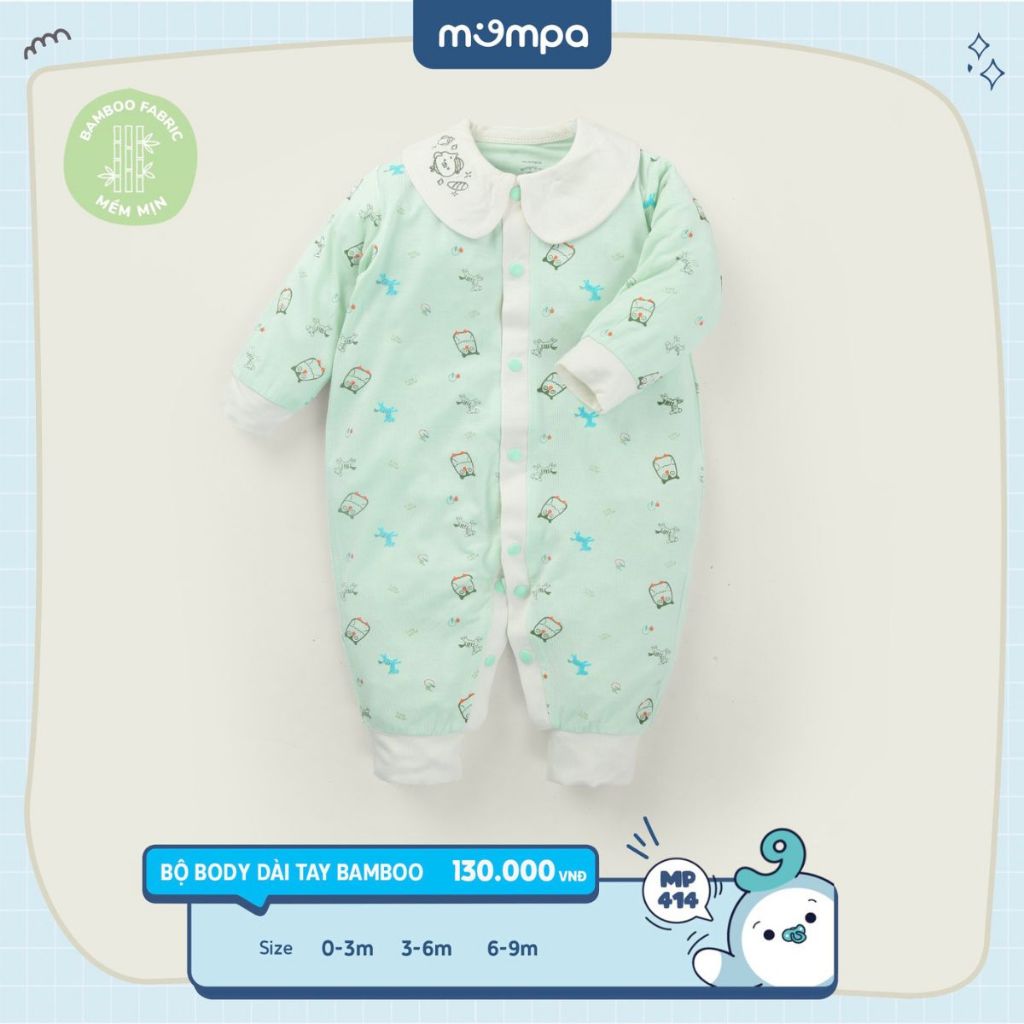 Bodysuit sơ sinh cho bé Mompa 0-9 tháng dài tay cúc giữa vải sợi tre bamboo mềm mại co giãn MP 414